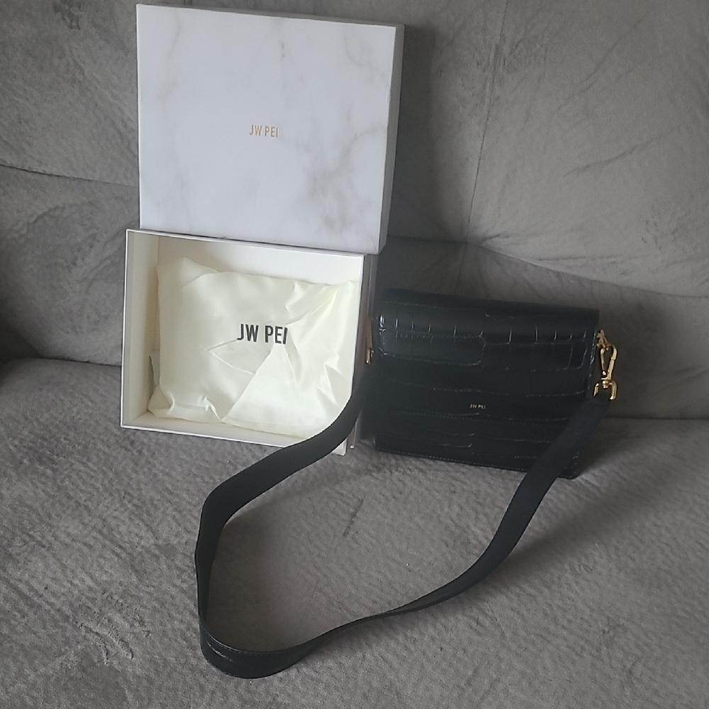 JW PEI Black Croc-Textured Crossbody Bag